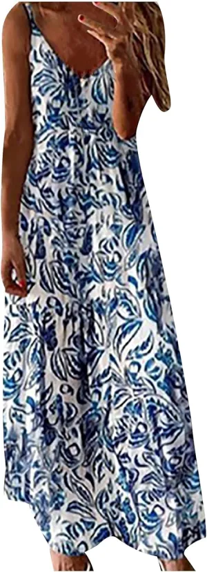Deals of The Day Women's Summer Spaghetti Strap Elegant Long Dresses Plus Size Vacation Flowy Beach Dress Loose Floor Length Dress Elegant Dresses for Women Sky Blue L