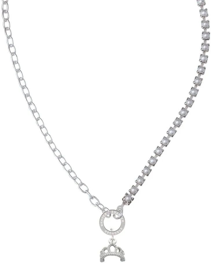 Delight Jewelry Silvertone Tiara Stronger Braver Smarter Mixed Cable and Imitation Pearl Chain Choker Necklace, 14.75-17"