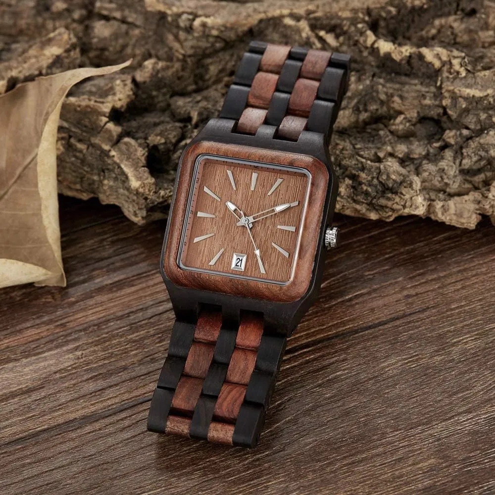 Dentily Men's Rectangle Wood Watch Quartz Movement Wooden Mens Watches Gift Watches for Men