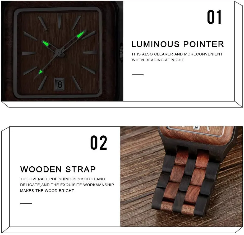 Dentily Men's Rectangle Wood Watch Quartz Movement Wooden Mens Watches Gift Watches for Men