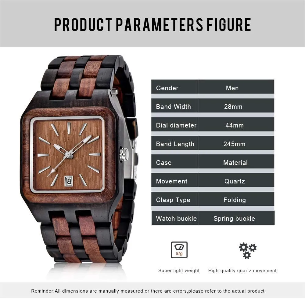 Dentily Men's Rectangle Wood Watch Quartz Movement Wooden Mens Watches Gift Watches for Men