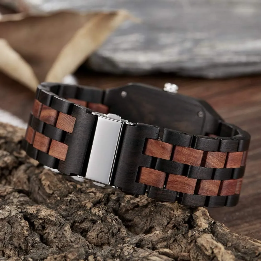 Dentily Men's Rectangle Wood Watch Quartz Movement Wooden Mens Watches Gift Watches for Men