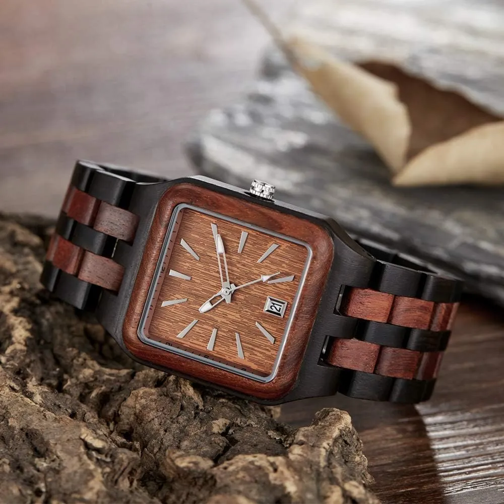 Dentily Men's Rectangle Wood Watch Quartz Movement Wooden Mens Watches Gift Watches for Men