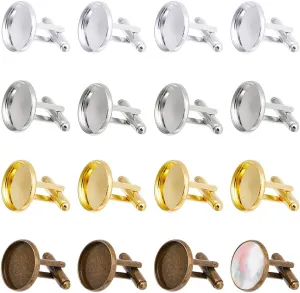 DICOSMETIC 32Pcs Mens Cufflinks 4 Styles Blank Cufflinks Bulk Brass Cufflink Studs Cuff Buttons with Clear Glass Cabochons for Apparel Clothes Buttons Making, Tray: 18/27mm