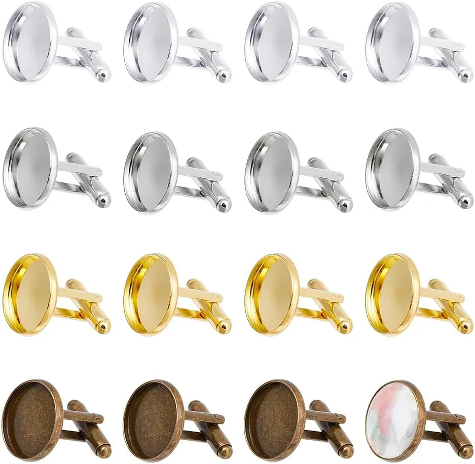 DICOSMETIC 32Pcs Mens Cufflinks 4 Styles Blank Cufflinks Bulk Brass Cufflink Studs Cuff Buttons with Clear Glass Cabochons for Apparel Clothes Buttons Making, Tray: 18/27mm