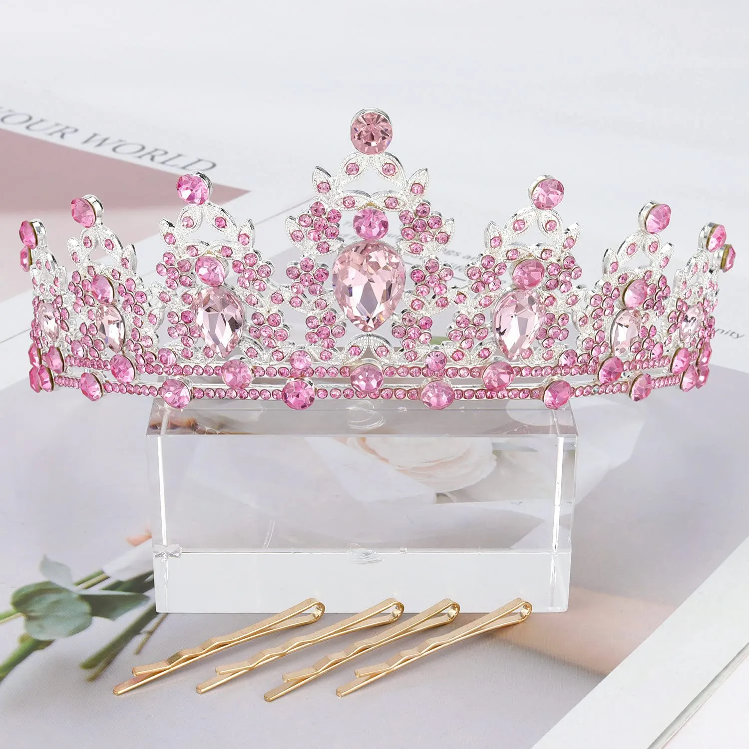 Didder Pink Crystal Tiara for Women - Silver Crown for Girls, Princess Wedding Tiara for Brides, Birthday Party, Christmas, Prom