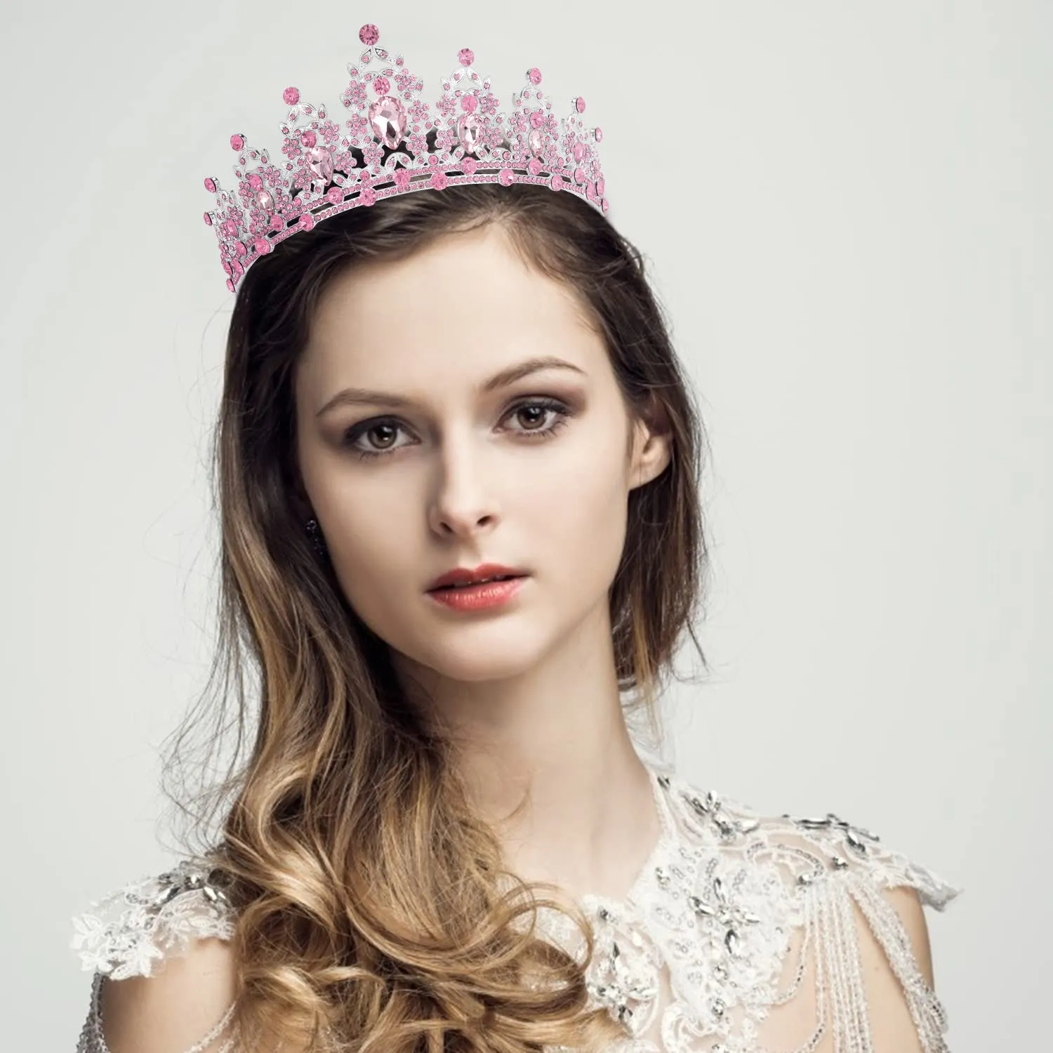 Didder Pink Crystal Tiara for Women - Silver Crown for Girls, Princess Wedding Tiara for Brides, Birthday Party, Christmas, Prom