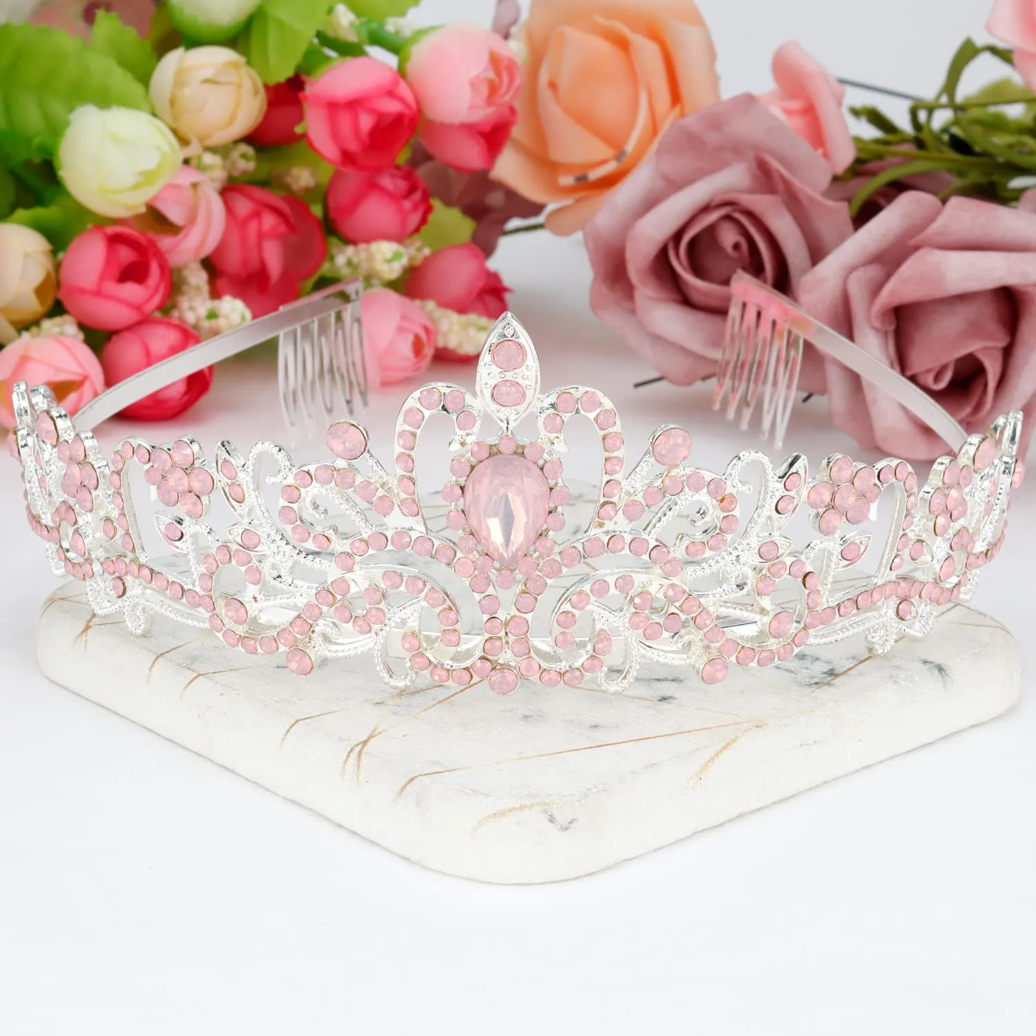 Didder Pink Opal Tiara Crowns for Women Girls, Princess Crown with Combs Tiaras for Women Girls Wedding Crowns for Brides Headband Prom Birthday Gift Halloween Costumes Hair Accessories