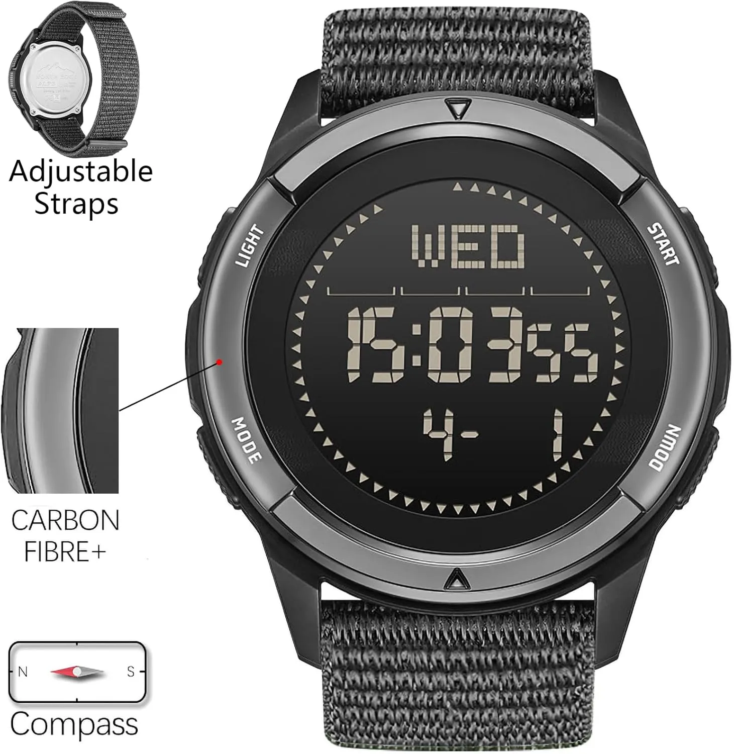 DIDITIME Tactical Watches for Men, Military Watches for Men, Waterproof 164FT, Fitness Watch, Mens Digital Watches with Compass, Metronome, Pedometer, Lightweight Breathable Nylon Watch