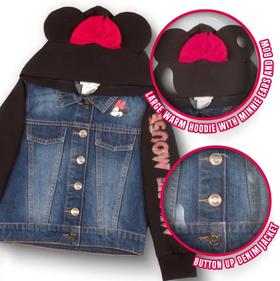 Disney Lilo & Stitch Minnie Mouse Girl's Hoodie Jean Jacket with Ears - Fashion Hooded Denim Jacket for Kids