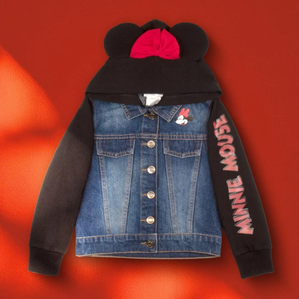 Disney Lilo & Stitch Minnie Mouse Girl's Hoodie Jean Jacket with Ears - Fashion Hooded Denim Jacket for Kids
