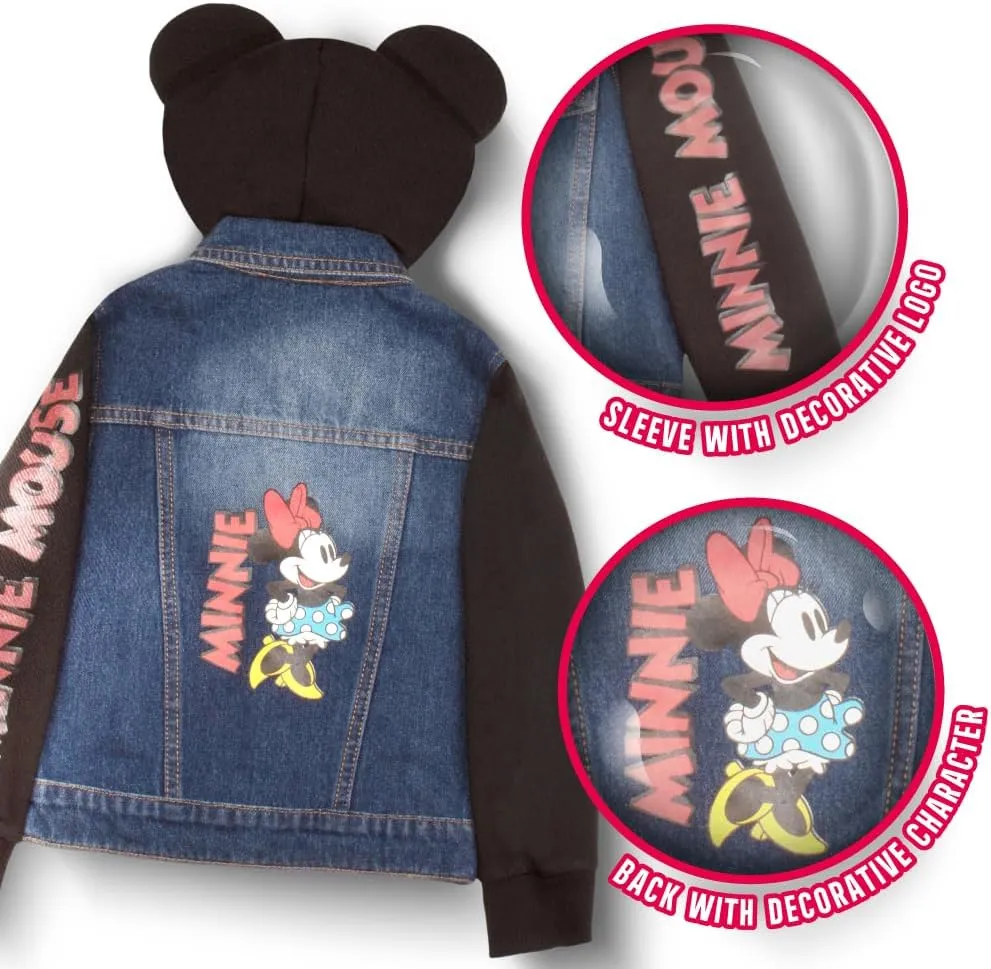 Disney Lilo & Stitch Minnie Mouse Girl's Hoodie Jean Jacket with Ears - Fashion Hooded Denim Jacket for Kids