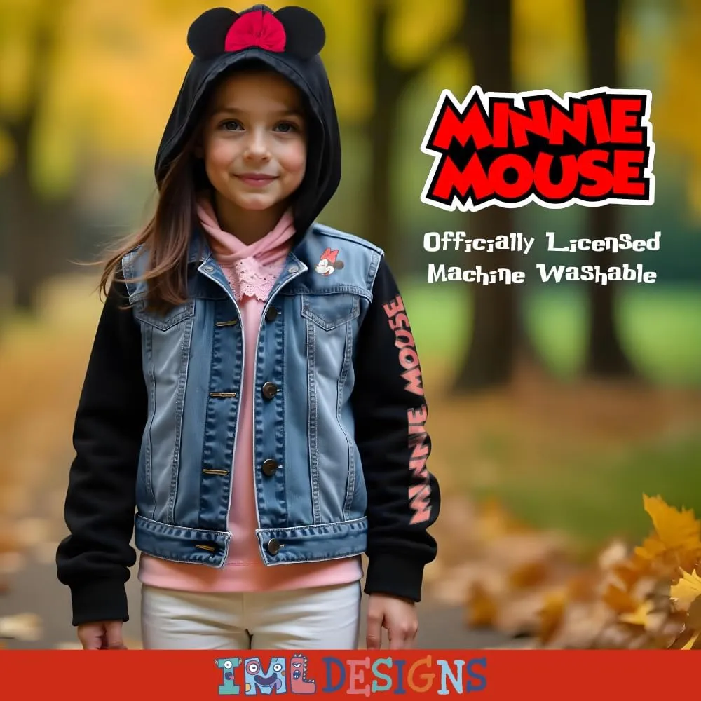 Disney Lilo & Stitch Minnie Mouse Girl's Hoodie Jean Jacket with Ears - Fashion Hooded Denim Jacket for Kids
