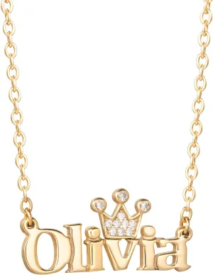 Disney Princess Name Necklace - Custom Tiara Crown Necklace - Flash-Plated Necklace Personalized, Cubic Zirconia Tiara - Flash Plated Princess Name Pendant