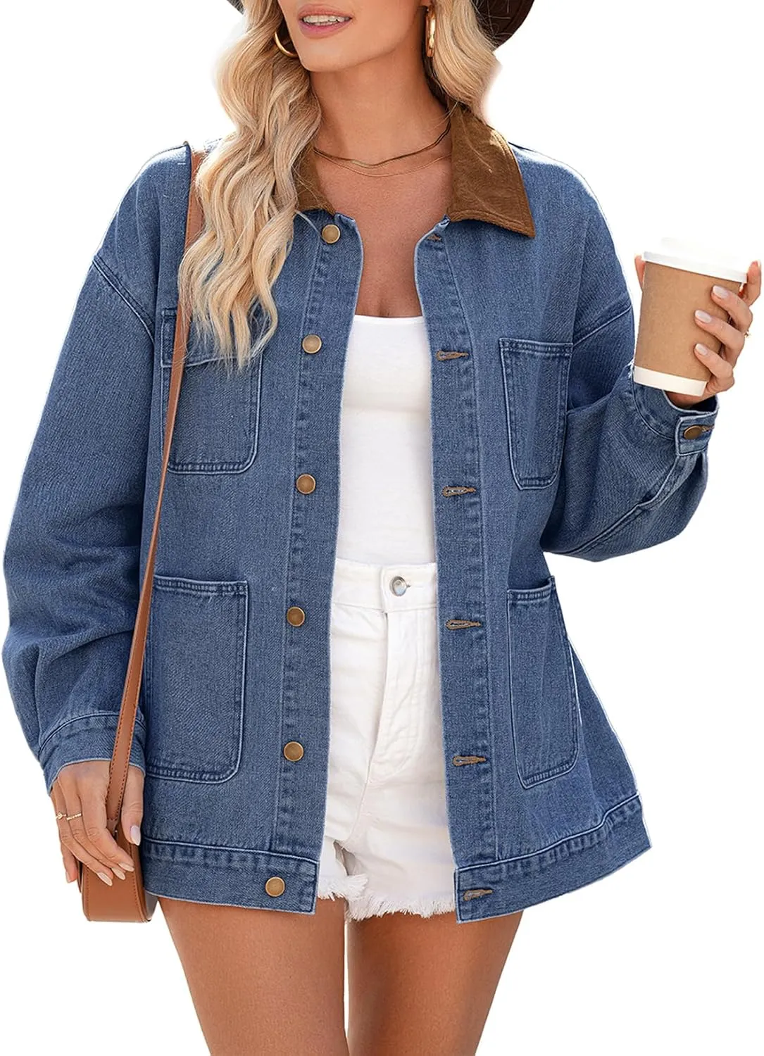 Dokotoo Women's Denim Jacket Oversized Contrast Collar Jean Jackets 2025 Spring Outfits Vintage Long Sleeve Shirts