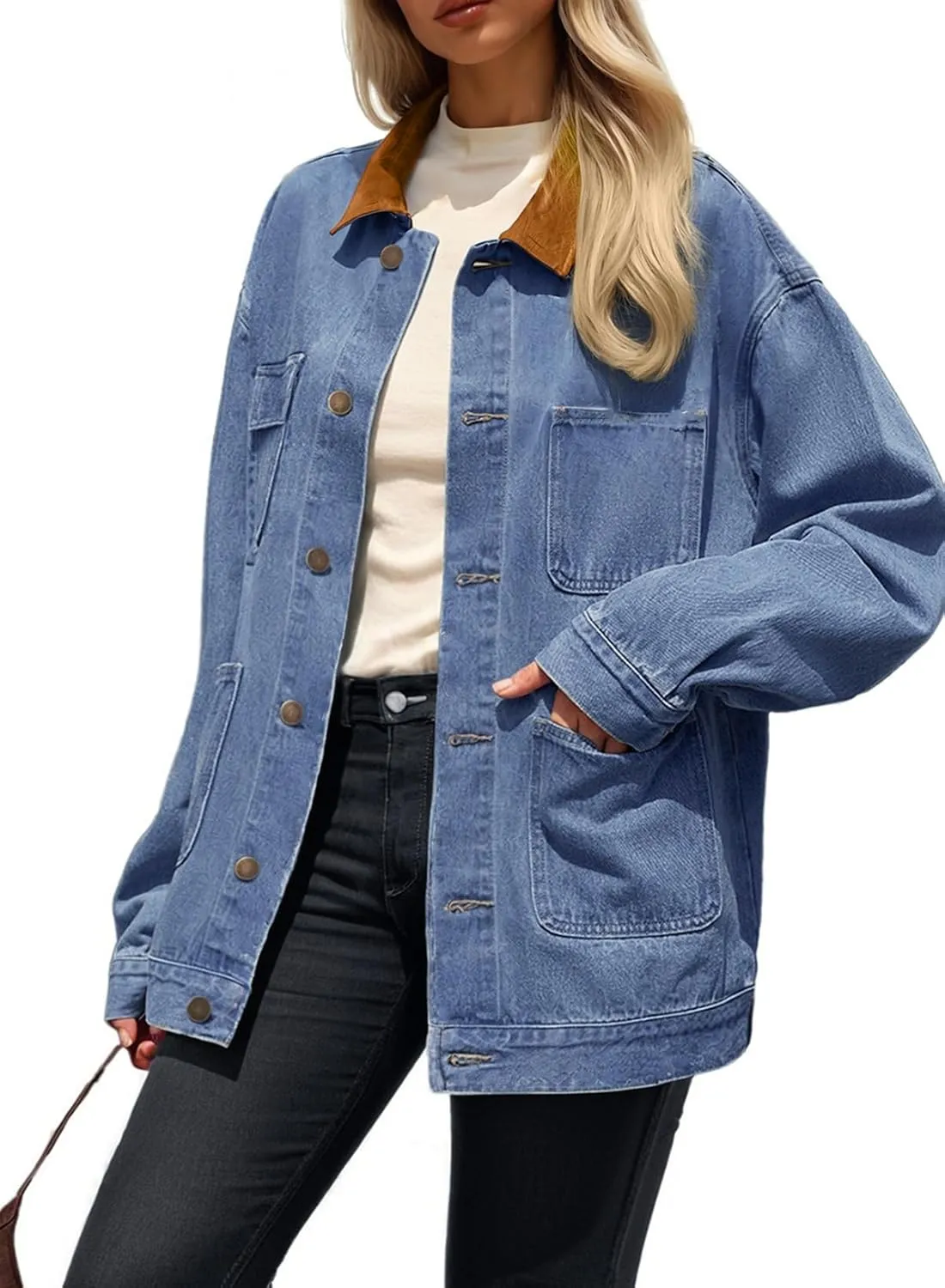 Dokotoo Women's Denim Jacket Oversized Contrast Collar Jean Jackets 2025 Spring Outfits Vintage Long Sleeve Shirts