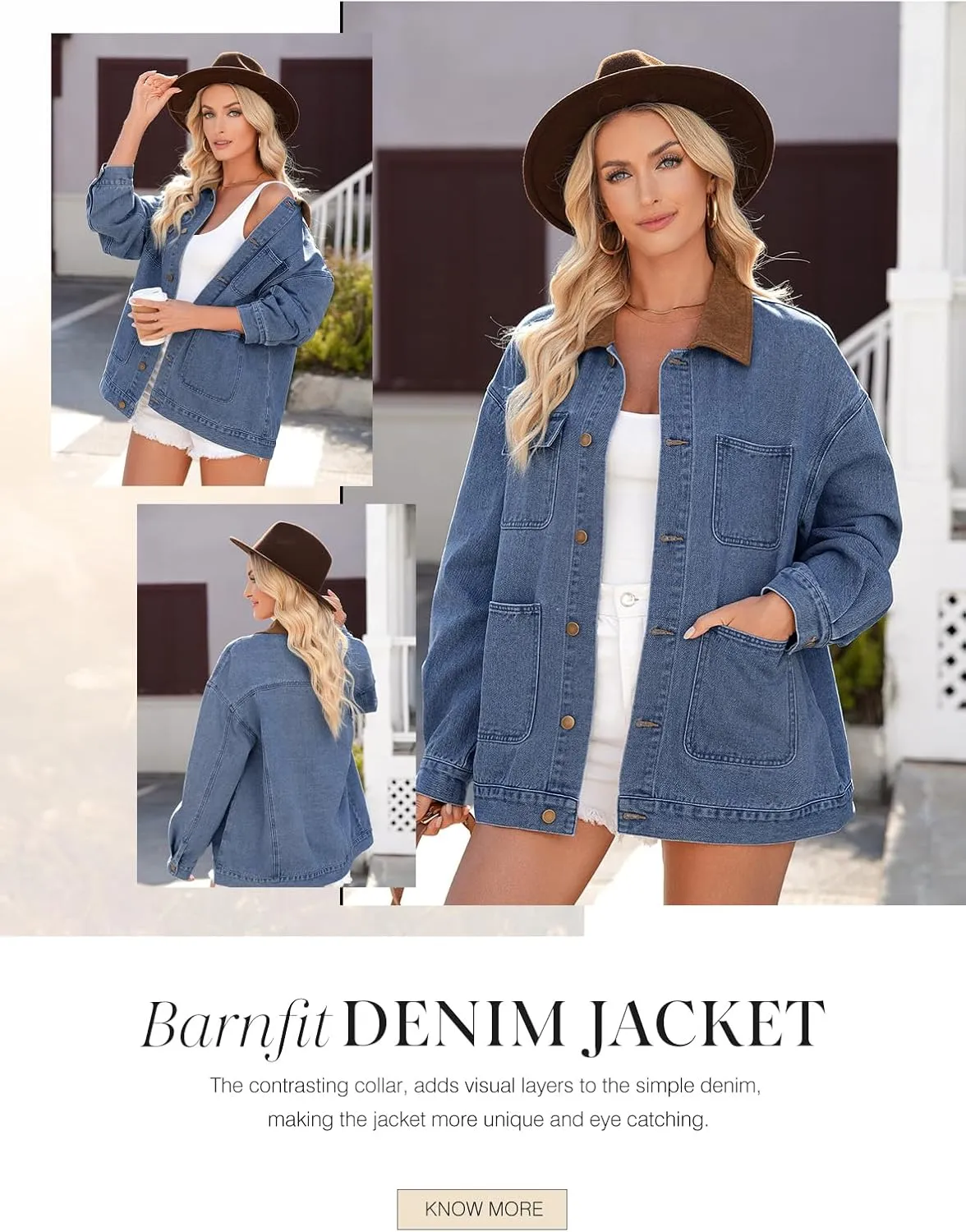 Dokotoo Women's Denim Jacket Oversized Contrast Collar Jean Jackets 2025 Spring Outfits Vintage Long Sleeve Shirts