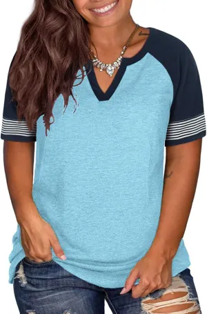 DOLNINE Womens Plus-Size Tops Raglan V Neck T Shirts Striped Short Sleeve Tunics