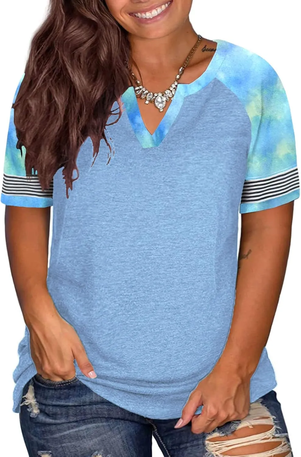 DOLNINE Womens Plus-Size Tops Raglan V Neck T Shirts Striped Short Sleeve Tunics