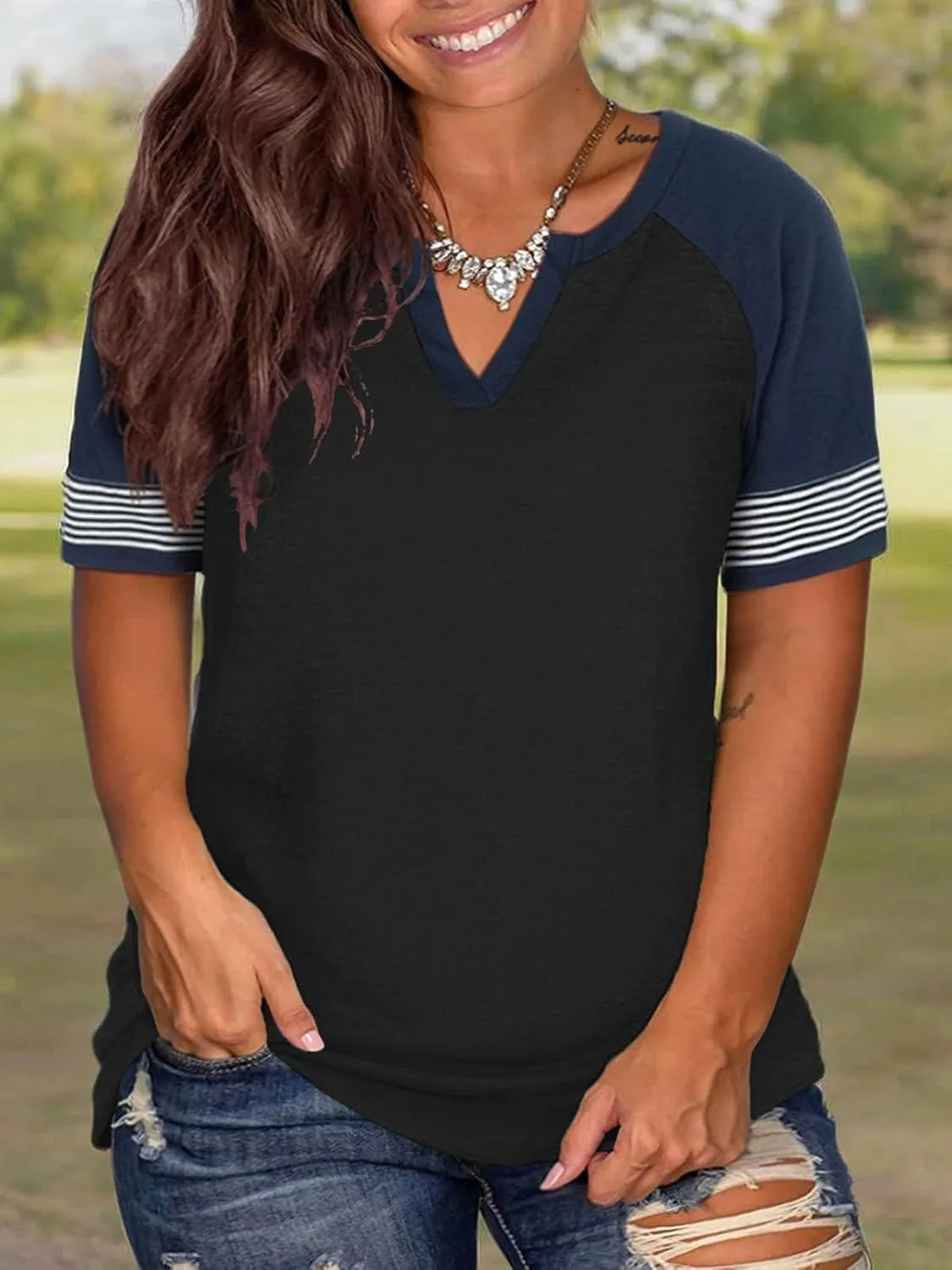 DOLNINE Womens Plus-Size Tops Raglan V Neck T Shirts Striped Short Sleeve Tunics