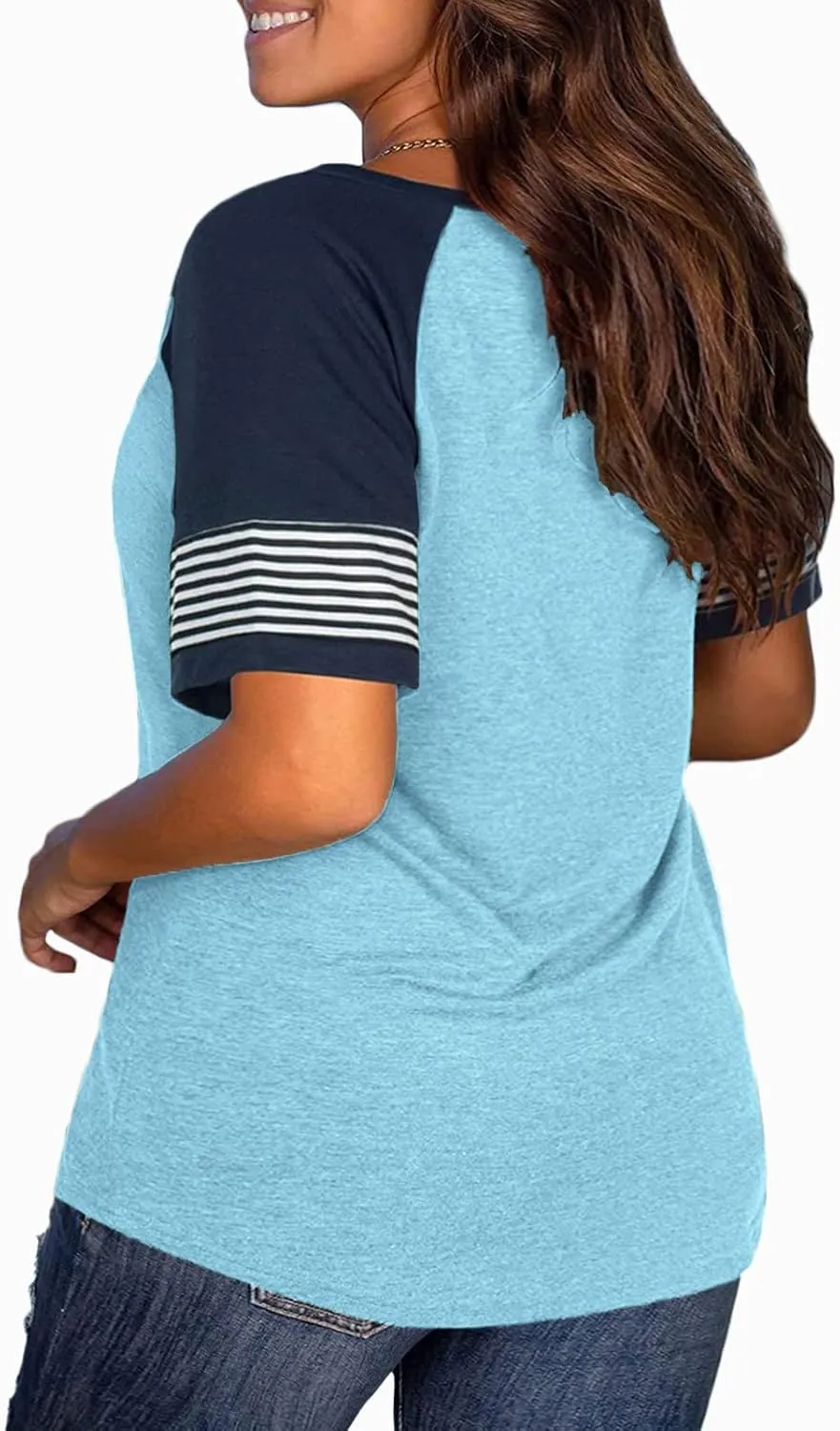DOLNINE Womens Plus-Size Tops Raglan V Neck T Shirts Striped Short Sleeve Tunics