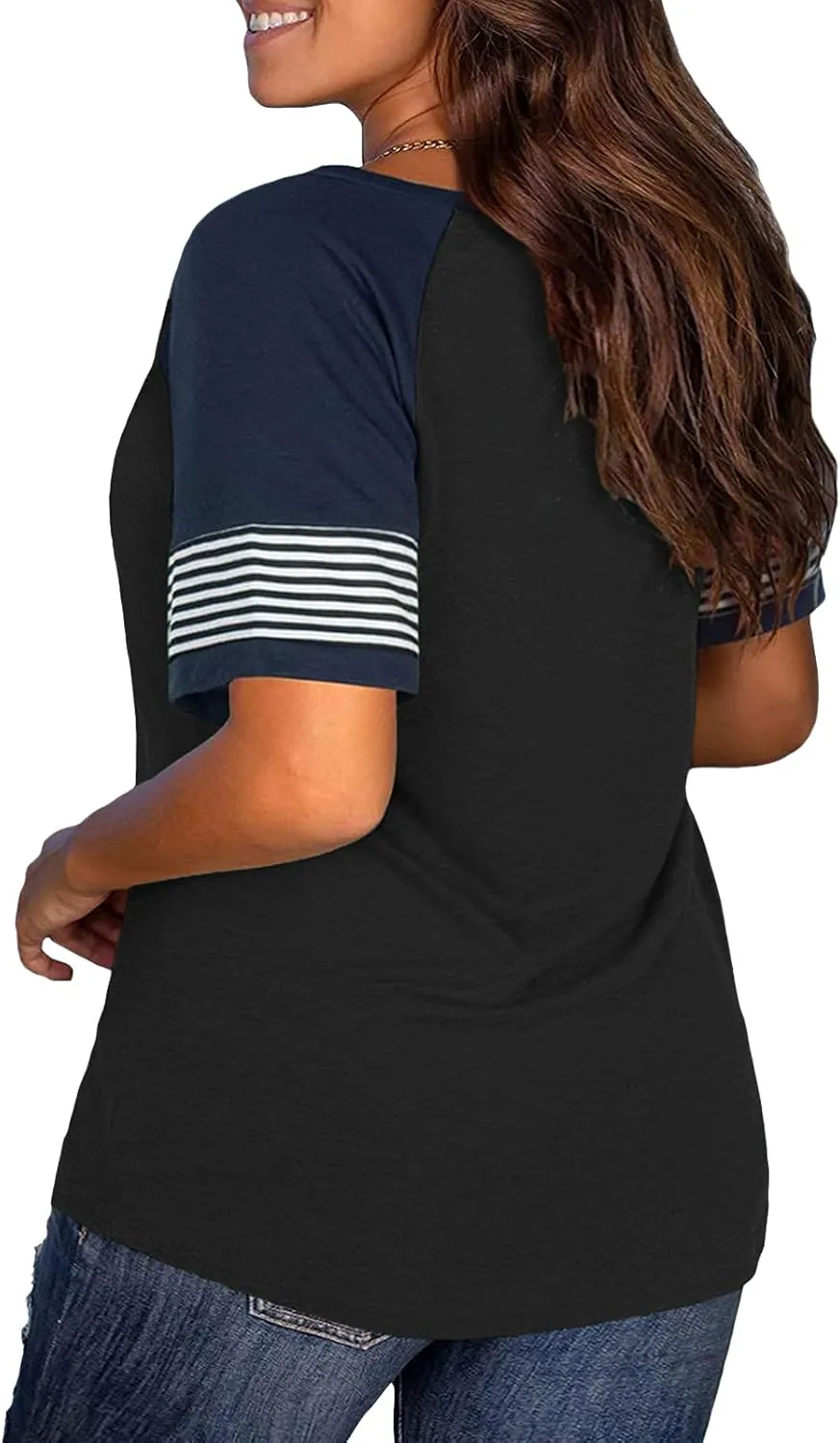 DOLNINE Womens Plus-Size Tops Raglan V Neck T Shirts Striped Short Sleeve Tunics