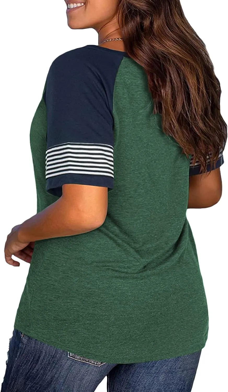 DOLNINE Womens Plus-Size Tops Raglan V Neck T Shirts Striped Short Sleeve Tunics