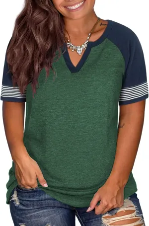 DOLNINE Womens Plus-Size Tops Raglan V Neck T Shirts Striped Short Sleeve Tunics