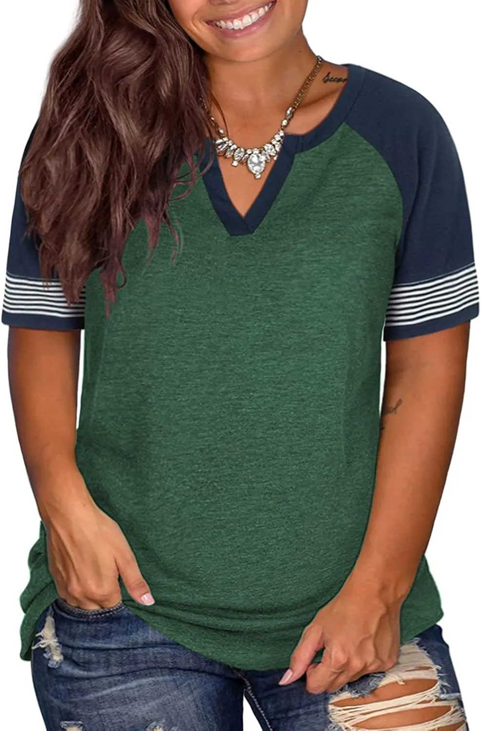 DOLNINE Womens Plus-Size Tops Raglan V Neck T Shirts Striped Short Sleeve Tunics
