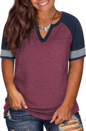 DOLNINE Womens Plus-Size Tops Raglan V Neck T Shirts Striped Short Sleeve Tunics