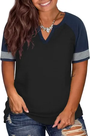 DOLNINE Womens Plus-Size Tops Raglan V Neck T Shirts Striped Short Sleeve Tunics