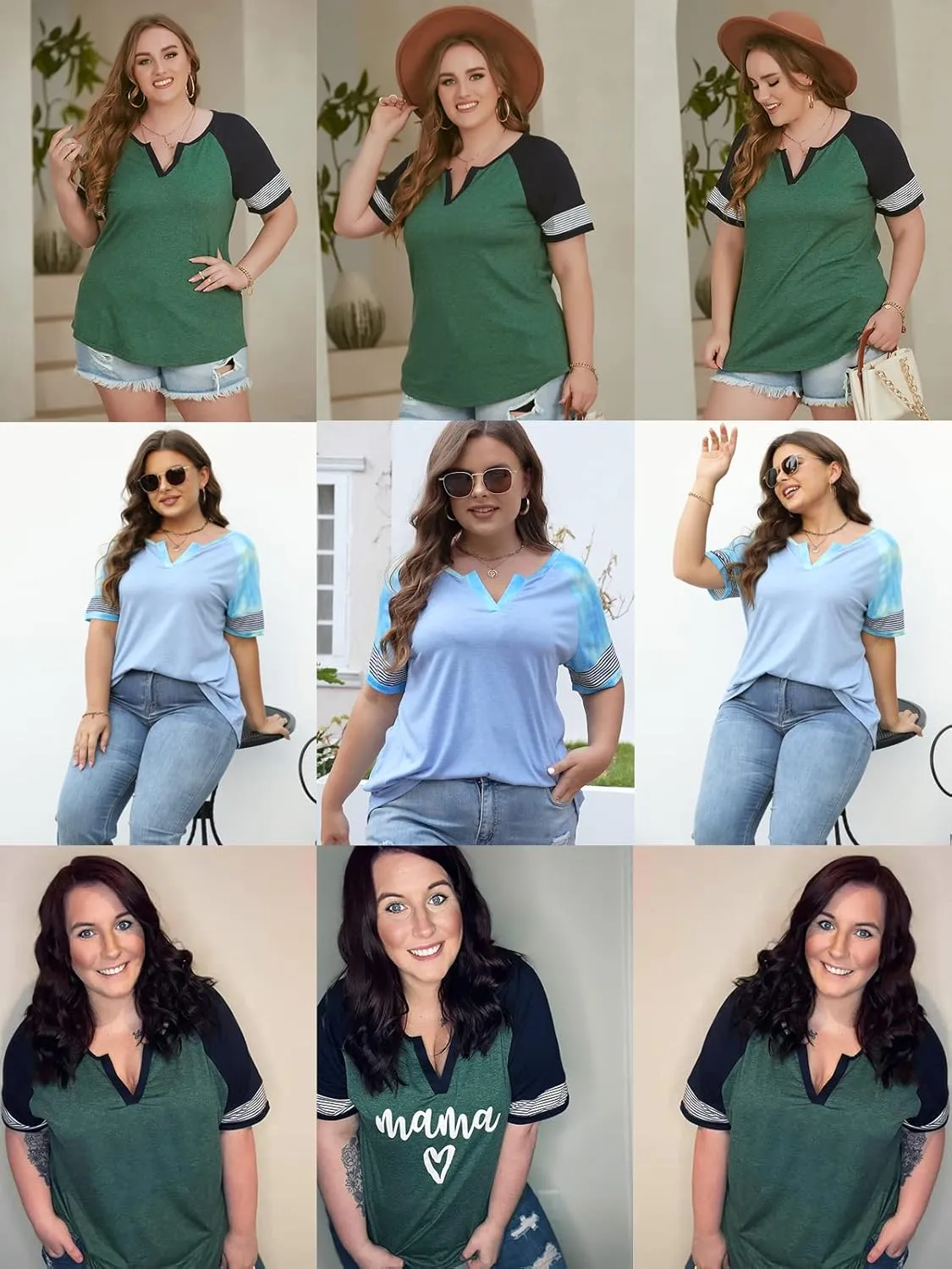 DOLNINE Womens Plus-Size Tops Raglan V Neck T Shirts Striped Short Sleeve Tunics