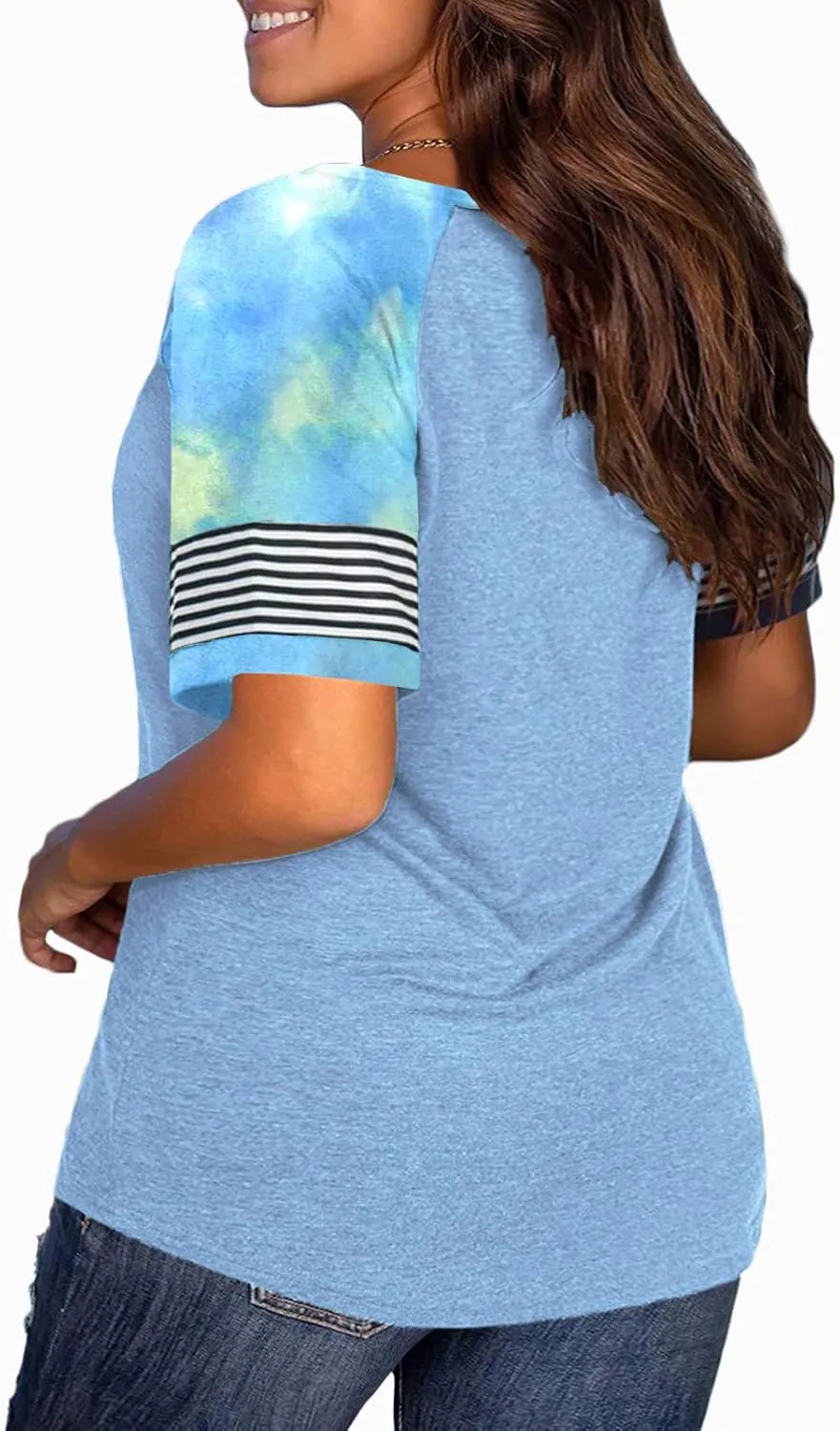 DOLNINE Womens Plus-Size Tops Raglan V Neck T Shirts Striped Short Sleeve Tunics