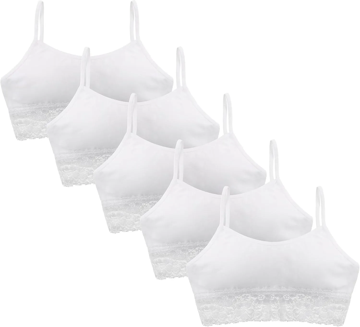 Donella Girls Cotton Training Bras - Lace Trim Cropped Camis for Teens 5-Pack, Age: 10-15