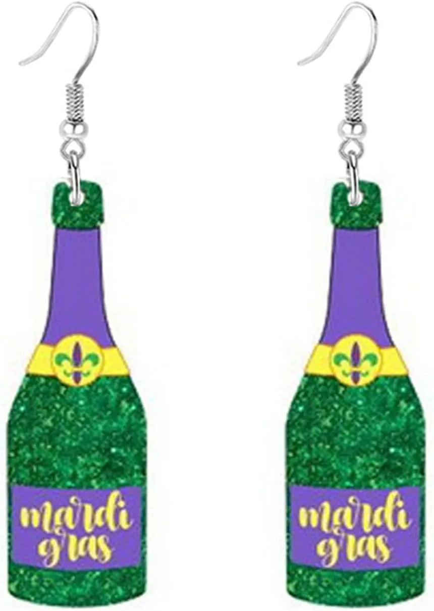Dreuyet Mardi Gras Earring Colorful Acrylic Carnival Cosplay Party Earring Crown Carnival Mask Letter MARDI GRAS Dangle Earrings Funny Drop Earrings