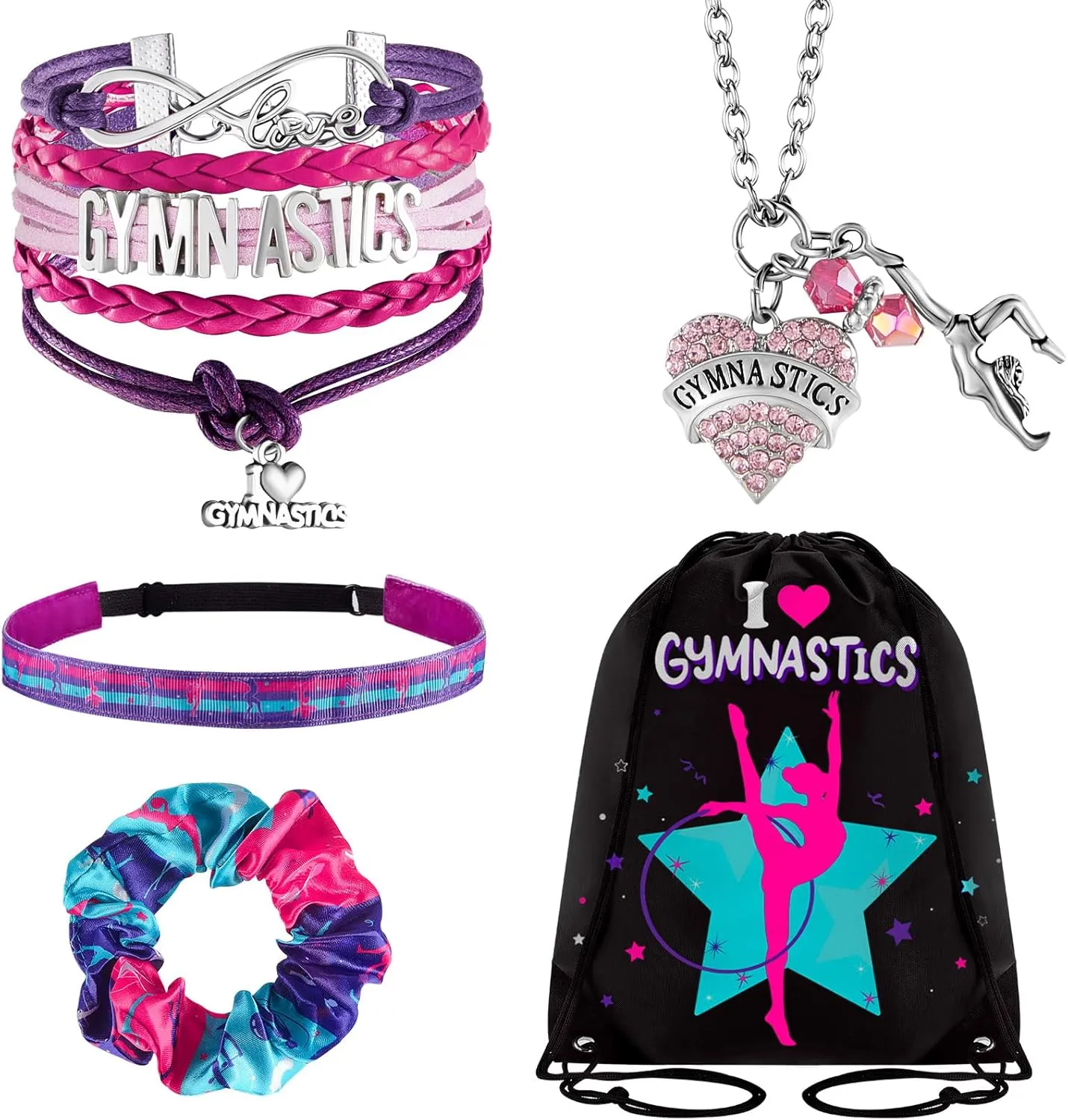 Dunzy 5 Pcs Gymnastics Gifts Gymnastics Stuff Drawstring Bag Headband Girls Bracelet Necklace Scrunchies Gymnast Party Favors for Youth Girls Boys Kids