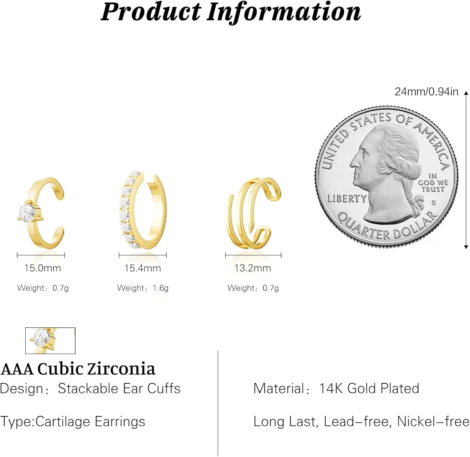 Ear Cuff Earring for Women, Trendy Gold Earring Cuffs Non Piercing Dainty Chunky Thin 14K Gold Plated Cartilage Cuff Earrings Cubic Zirconia Clip On Hoop Huggie Earring Simple Jewelry for Women