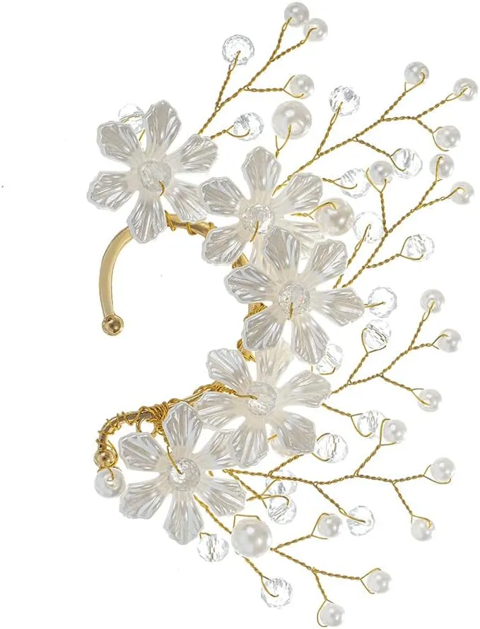 Ear Cuffs Flower Wedding Earrings for Women Left Ear Only- No Piercing Cartilage Ear Cuff Crystal Pearl Adjustable Ear Clip Wrap Around Earring for Girls Bridal Wedding Cosplay Fantasy Costume