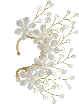 Ear Cuffs Flower Wedding Earrings for Women Left Ear Only- No Piercing Cartilage Ear Cuff Crystal Pearl Adjustable Ear Clip Wrap Around Earring for Girls Bridal Wedding Cosplay Fantasy Costume