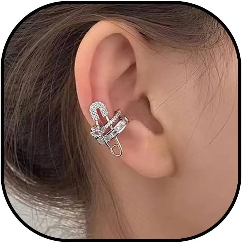 Ear Cuffs for Women Safety Pin Earrings Cubic Zirconia Clip On Earrings No Piercing Ear Wrap Earrings Non Tarnish Cartilage Earrings Gold Fake Earrings Trendy Jewelry Gift for Women