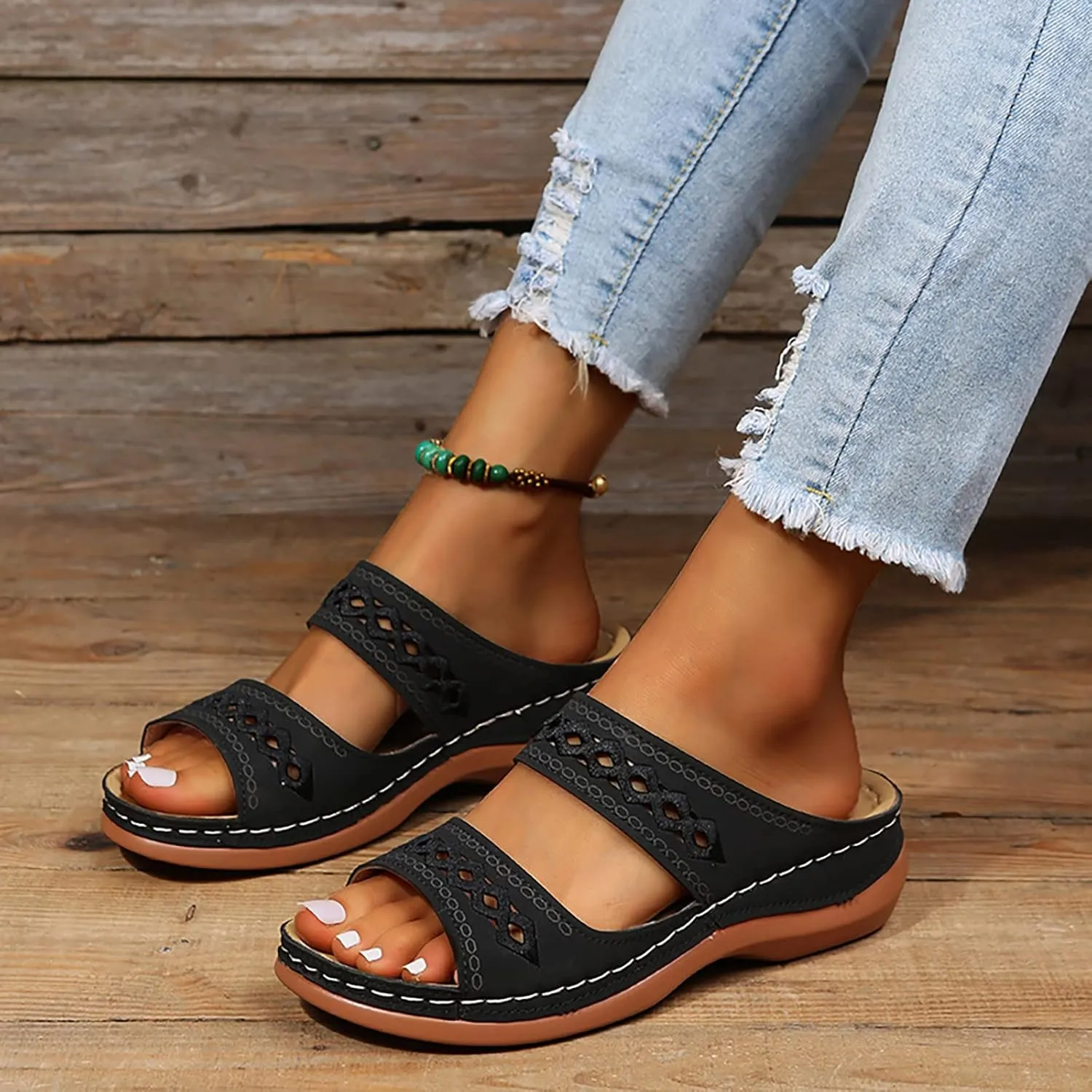 Eduavar Sandals Women Comfortable, Orthopedic Sandals for Women Summer Casual Peep Toe Sandals Slip-on Comfy Slippers Shoes