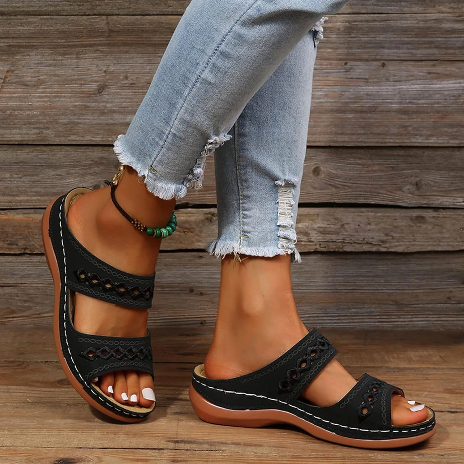 Eduavar Sandals Women Comfortable, Orthopedic Sandals for Women Summer Casual Peep Toe Sandals Slip-on Comfy Slippers Shoes
