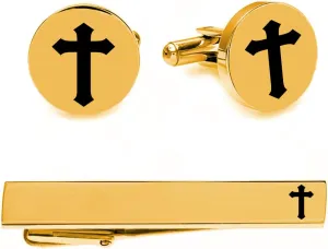 Engraved Gold Cross Cufflinks & Tie Clip Set - Ships From USA