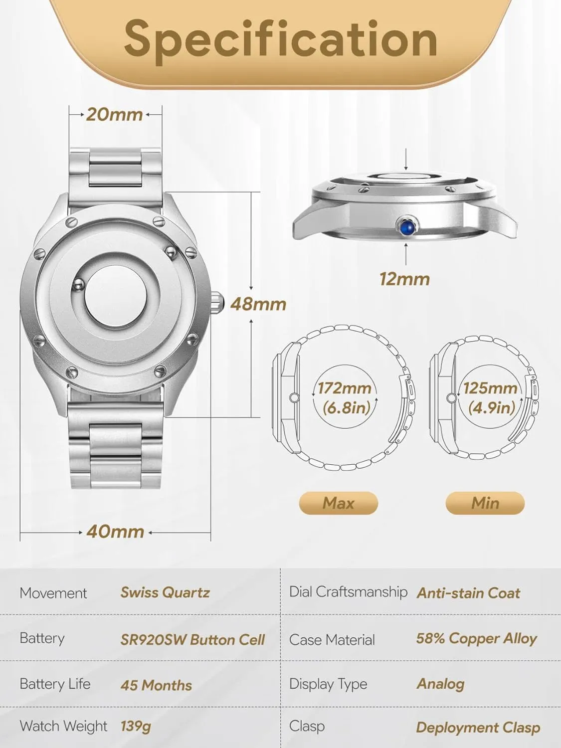 EUTOUR Mens Watches Men Designer Waterproof Analogue Quartz Watch Men Magnetic Watches Stainless Steel Wrist Watch Fashion Large Date Watches for Men