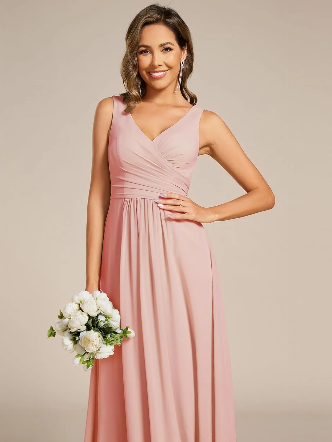 Ever-Pretty Women's Elegant V Neck Pleated Sleeveless Chiffon Floor Length Bridesmaid Dresses 02355
