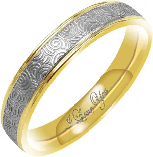 Everstone Women's Matte & Polish 4MM & 6MM Flat Promise Ring Wedding Bands Titanium Ring Two Tone Color: Yellow Gold & Platinum Engraved I Love You