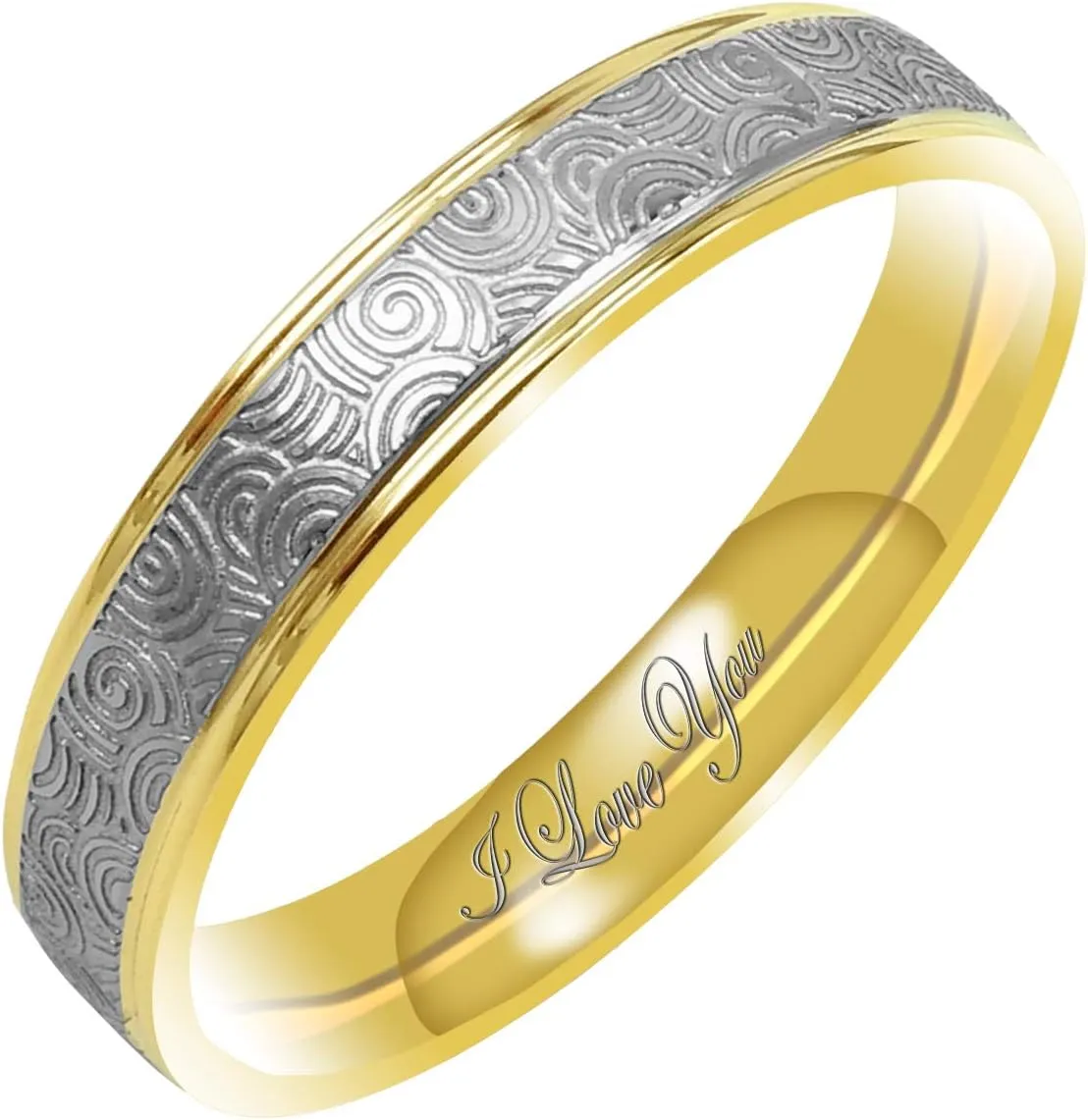 Everstone Women's Matte & Polish 4MM & 6MM Flat Promise Ring Wedding Bands Titanium Ring Two Tone Color: Yellow Gold & Platinum Engraved I Love You