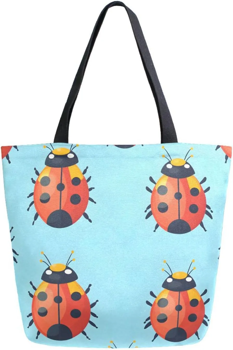Extra Large Shoulder Tote Bag for Beach Travel Weekender Gym Blue Red Ladybugs Pattern Reusable Grocery Canvas Shopping Bag