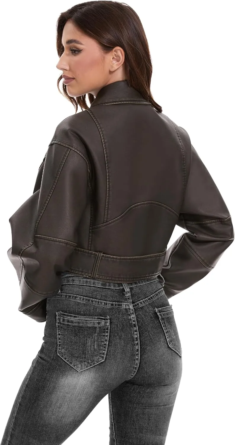 Fahsyee Faux Leather Jackets for Women, Black Motorcycle Moto Biker PU Outwear Coat