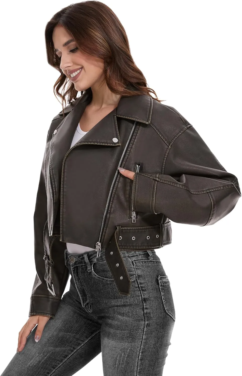 Fahsyee Faux Leather Jackets for Women, Black Motorcycle Moto Biker PU Outwear Coat